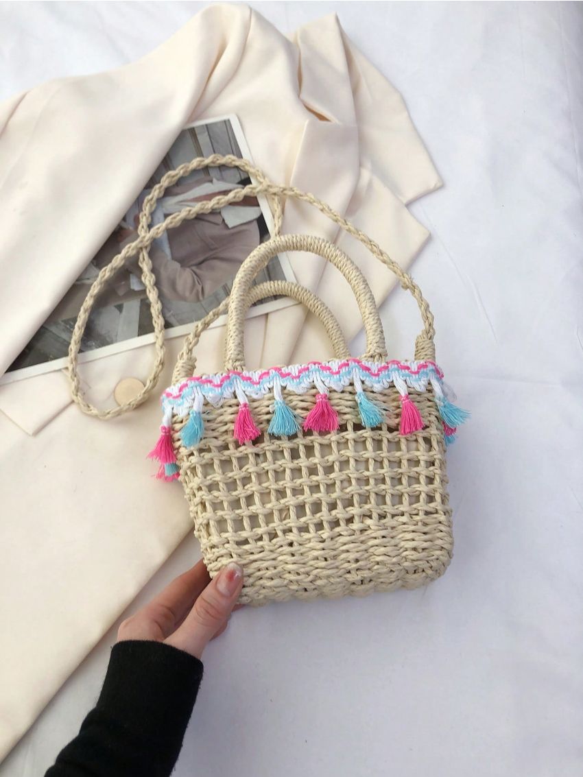 Tassel Decor Straw Bag Drawstring Double Handle Vacation