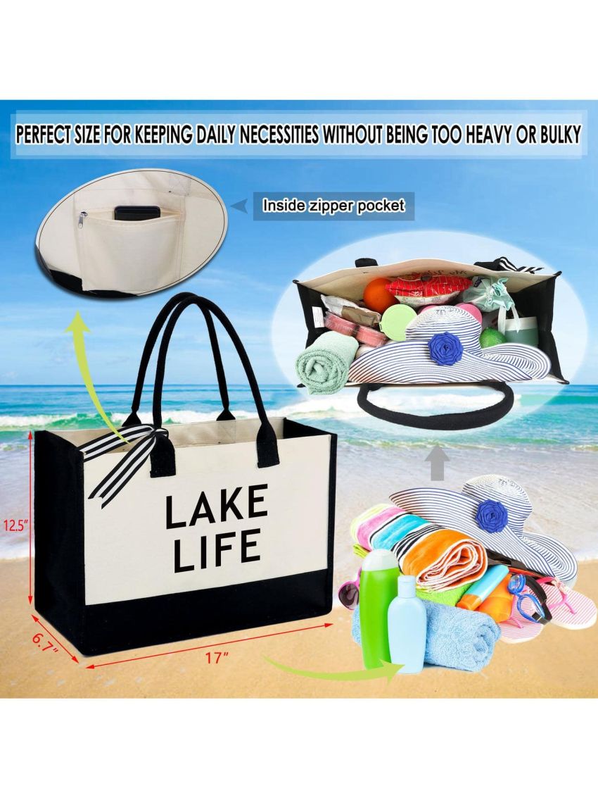 LAKE LIFE Birthday Gifts For Women 13oz Canvas Tote Bag with Inner Zipper Pocket Beach Bags For Women Tote Bag Aesthetic Personalized Gifts For Women Teacher Best Friend Mom Mother