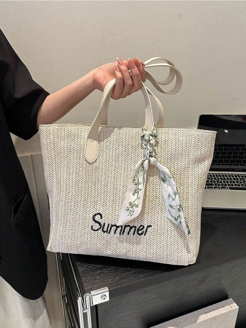Twilly Scarf Decor Straw Bag Double Handle Vacation