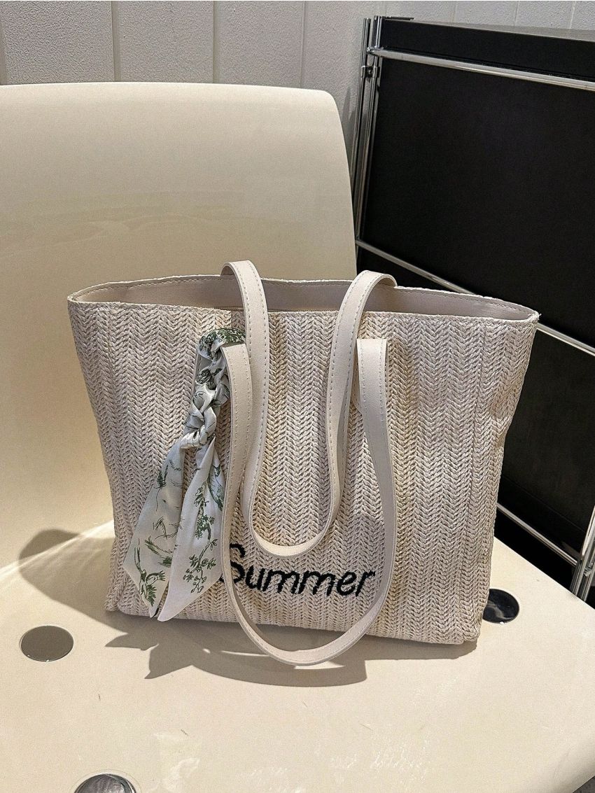 Twilly Scarf Decor Straw Bag Double Handle Vacation