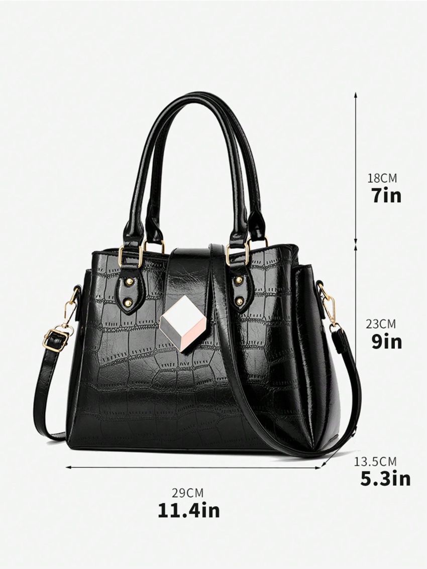 PU Square Bag Crocodile Embossed Black