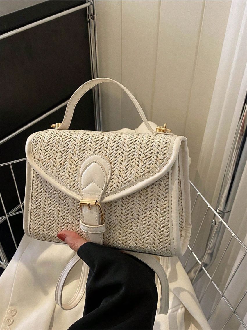 PU Straw Bag Buckle Decor Small Vacation