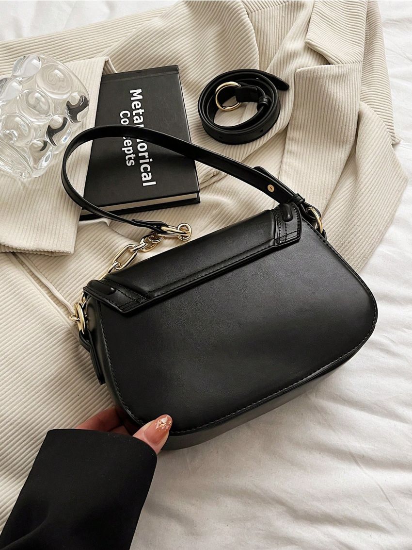 Metal Decor Saddle Bag Flap PU Black