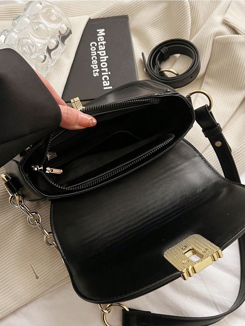 Metal Decor Saddle Bag Flap PU Black