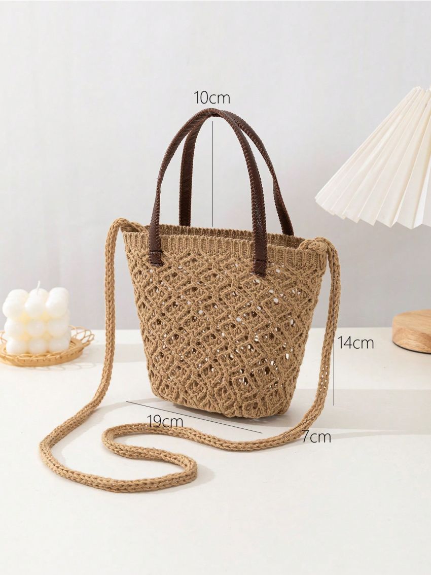 Mini Straw Bag Double Handle Solid Color Vacation Style