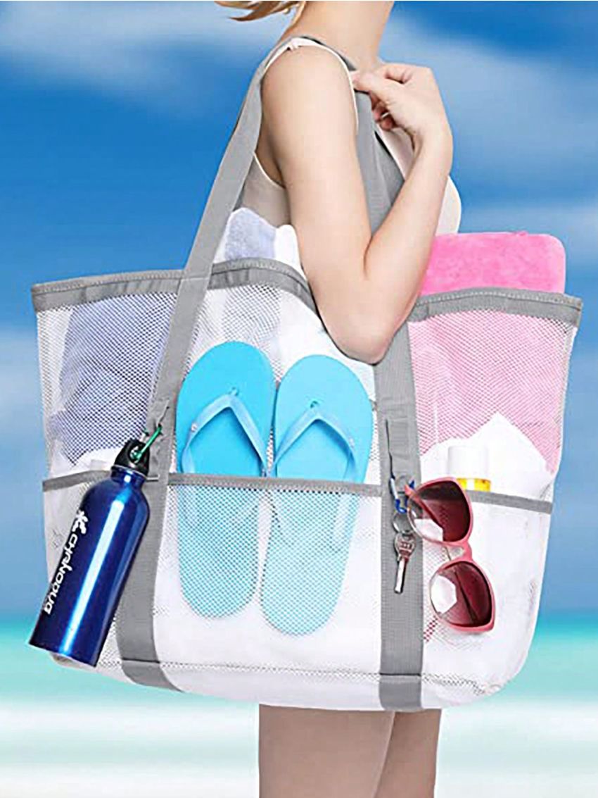 Hollow Polyester Mesh Beach Bag Large Capacity Travel Washing Bag Swimming Storage Bag Mesh Panel Contrast Binding Beach Bag
