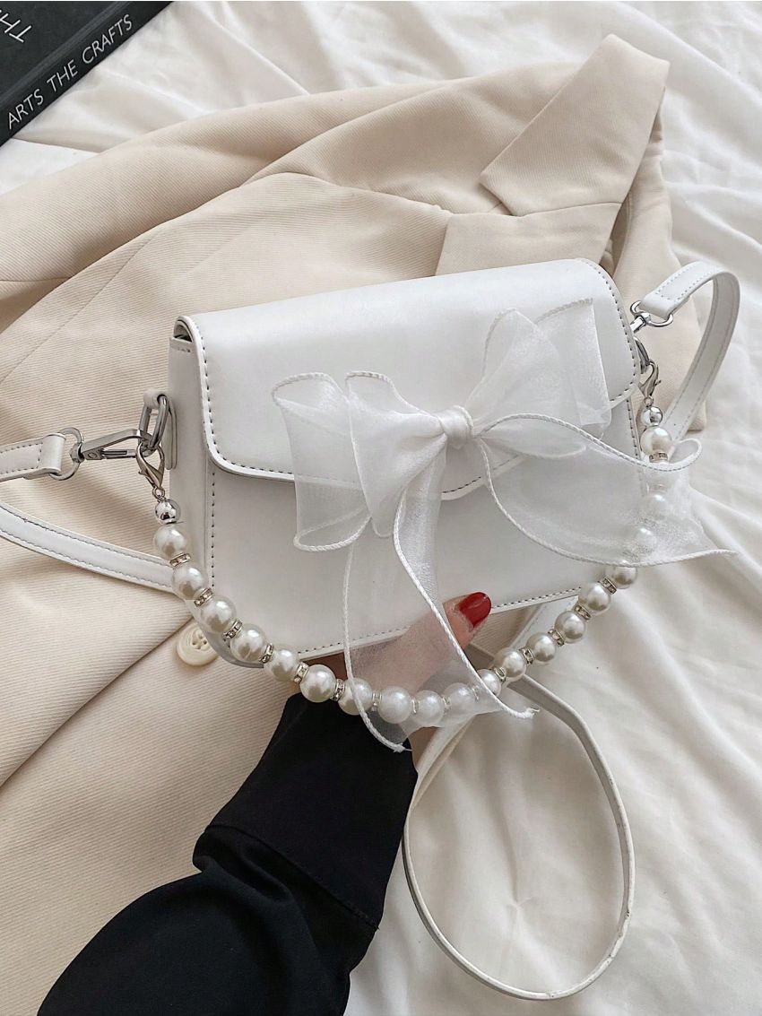 Mini Flap Square Bag Bow & Pearl Decor Pink