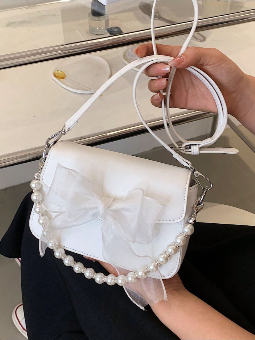 Mini Flap Square Bag Bow & Pearl Decor Pink