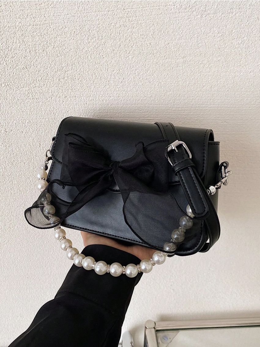Mini Square Bag Bow & Faux Pearl Decor Flap