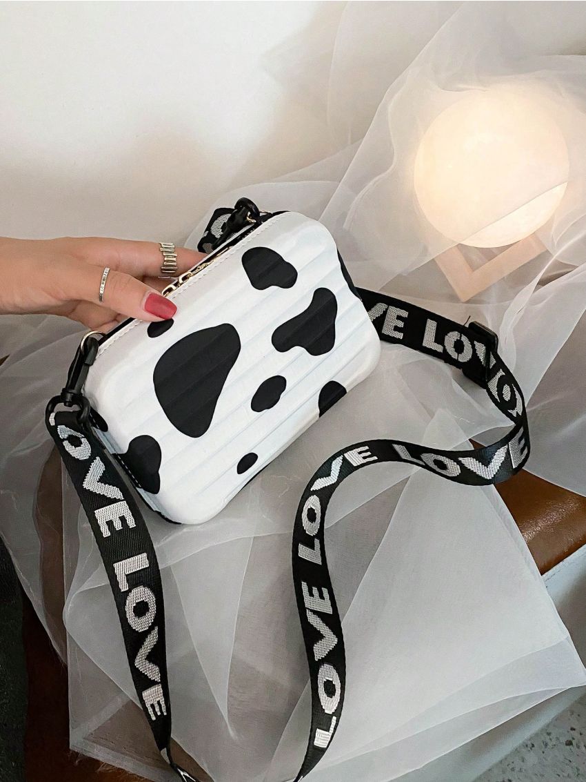Mini Box Bag Cow Pattern Adjustable Strap With Zipper