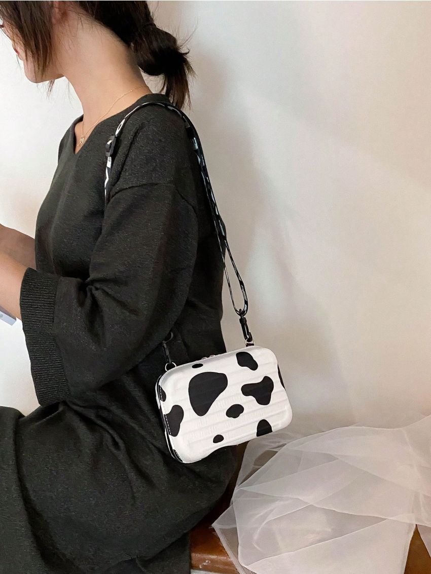 Mini Box Bag Cow Pattern Adjustable Strap With Zipper
