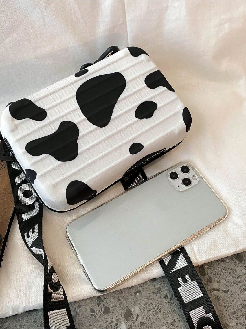 Mini Box Bag Cow Pattern Adjustable Strap With Zipper