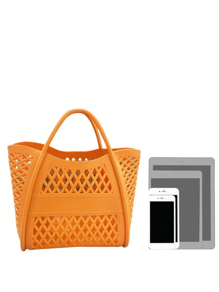 Medium Square Bag Orange Hollow Out Design, Clear Bag Trendy & Waterproof