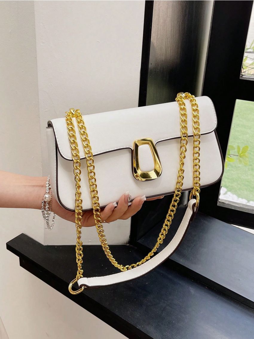 Metal Decor Flap Baguette Bag Fashion White