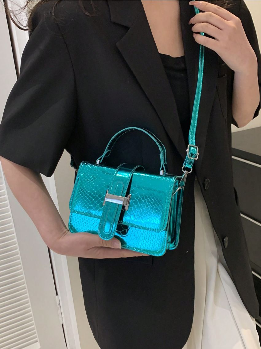 Mini Crocodile Pattern Handbag, Trendy Solid Top Handle Purse, Women's Elegant Crossbody Bag