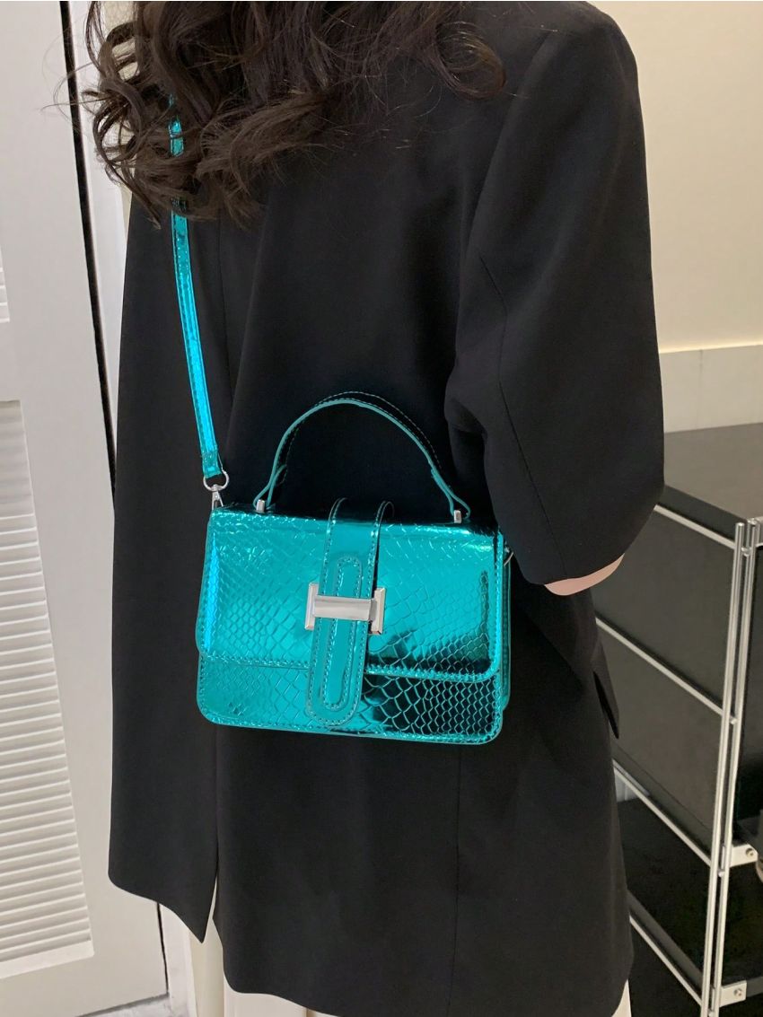 Mini Crocodile Pattern Handbag, Trendy Solid Top Handle Purse, Women's Elegant Crossbody Bag