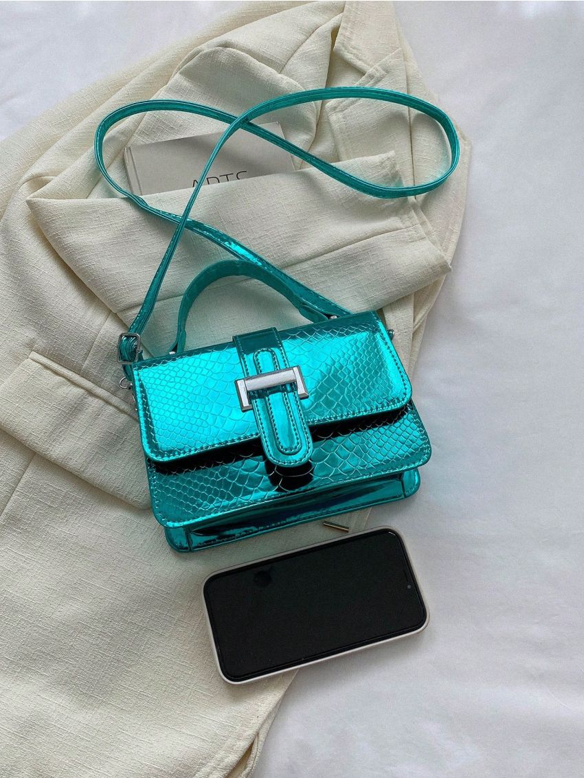 Mini Crocodile Pattern Handbag, Trendy Solid Top Handle Purse, Women's Elegant Crossbody Bag