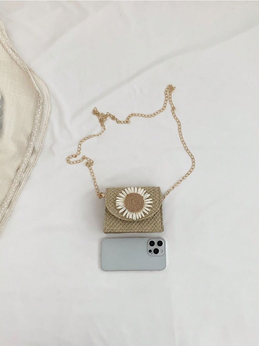 Mini Small Turn Lock Straw Bag, Women's Chain Crossbody Bag, Trendy Woven Flap Purse