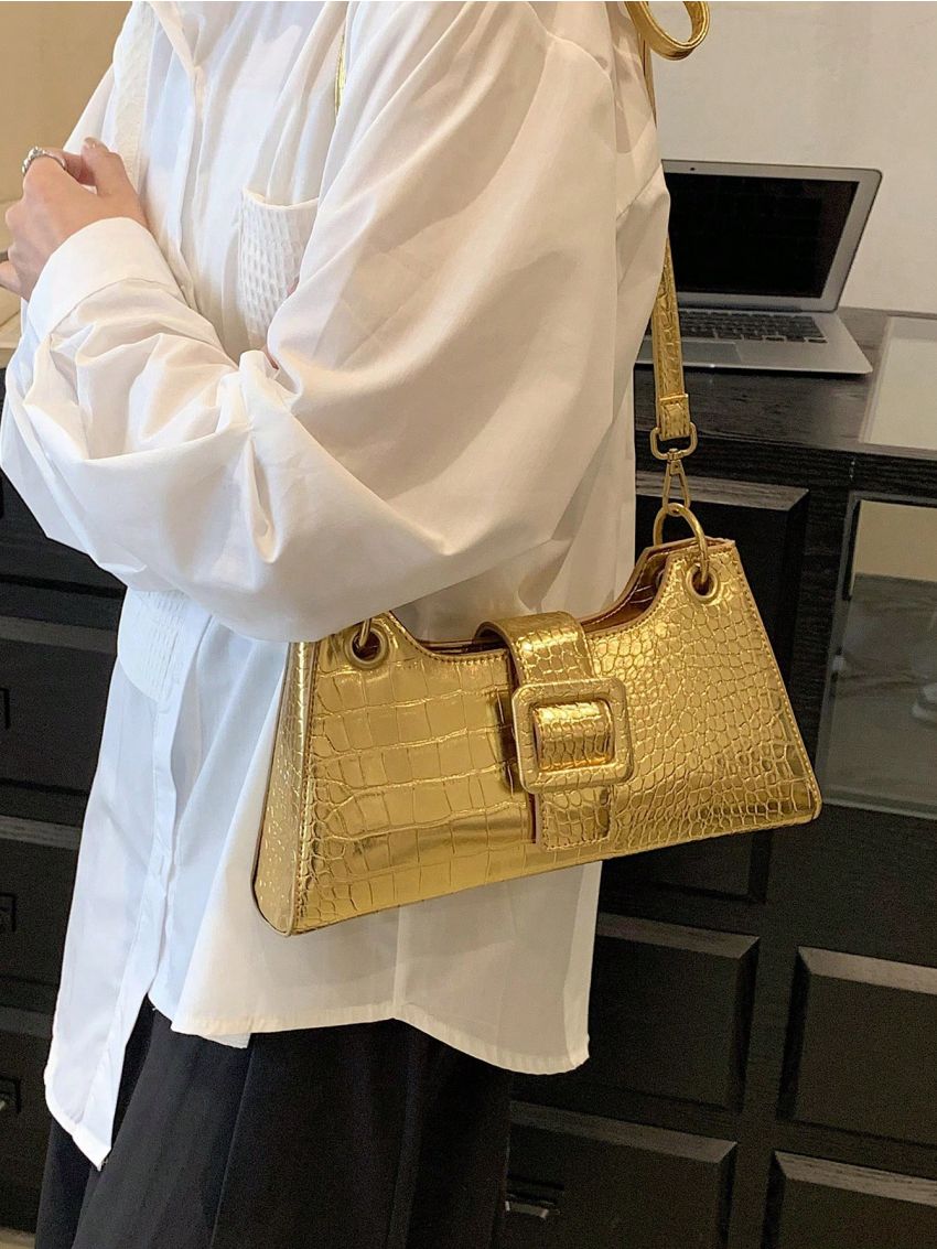 Crocodile Embossed Baguette Bag Gold Funky