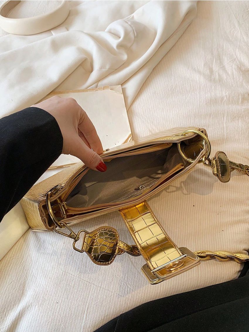 Crocodile Embossed Baguette Bag Gold Funky