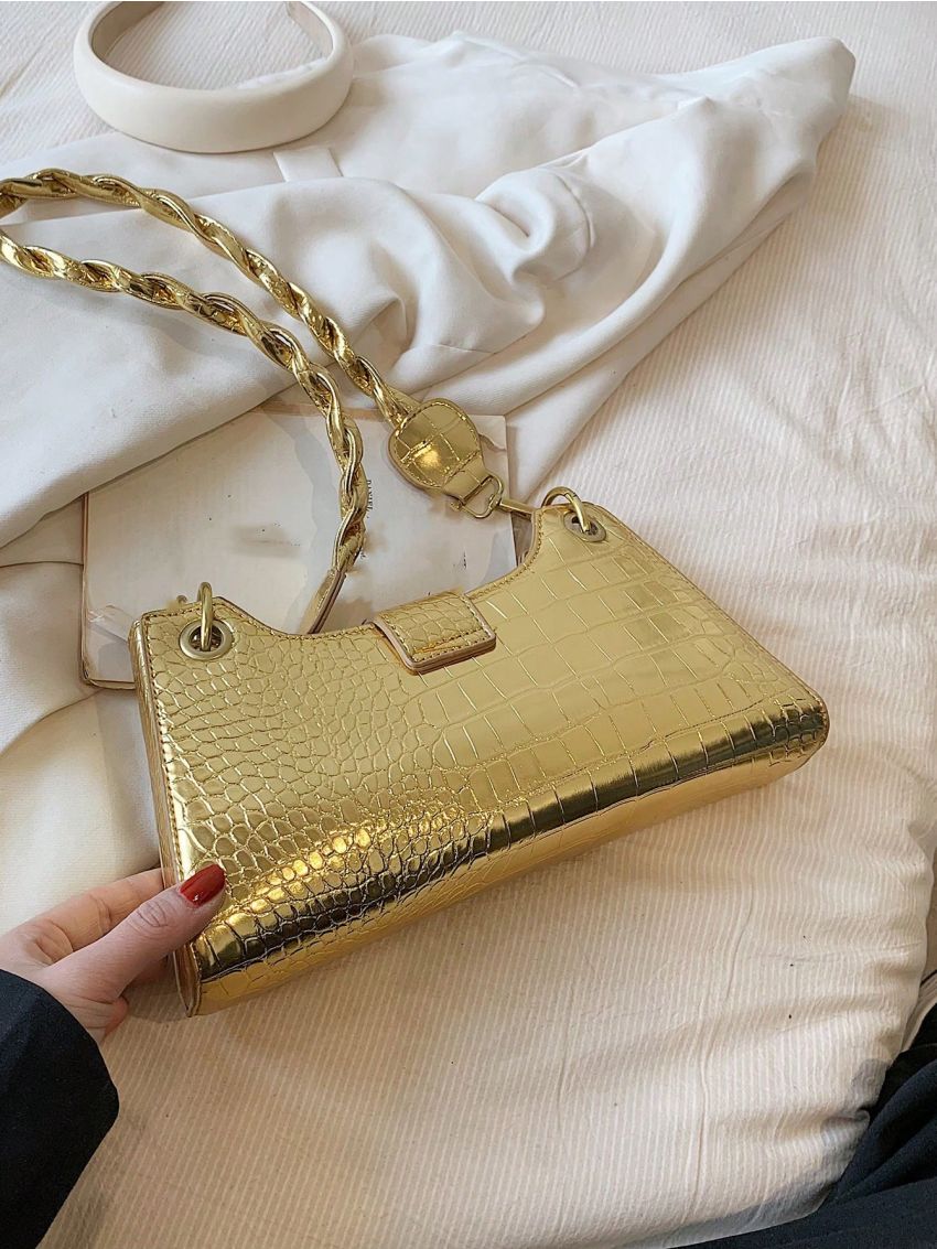 Crocodile Embossed Baguette Bag Gold Funky