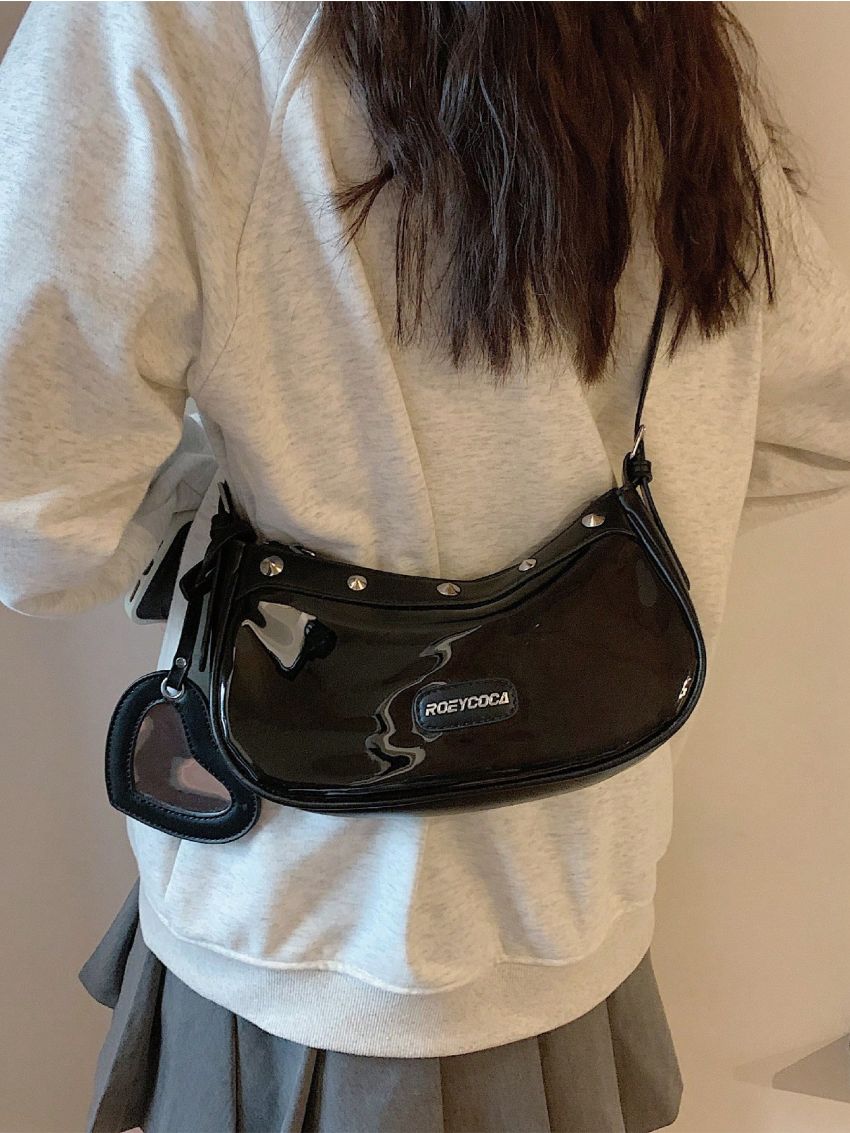 Letter Patch Hobo Bag Studded Decor Fashionable With Bag Charm