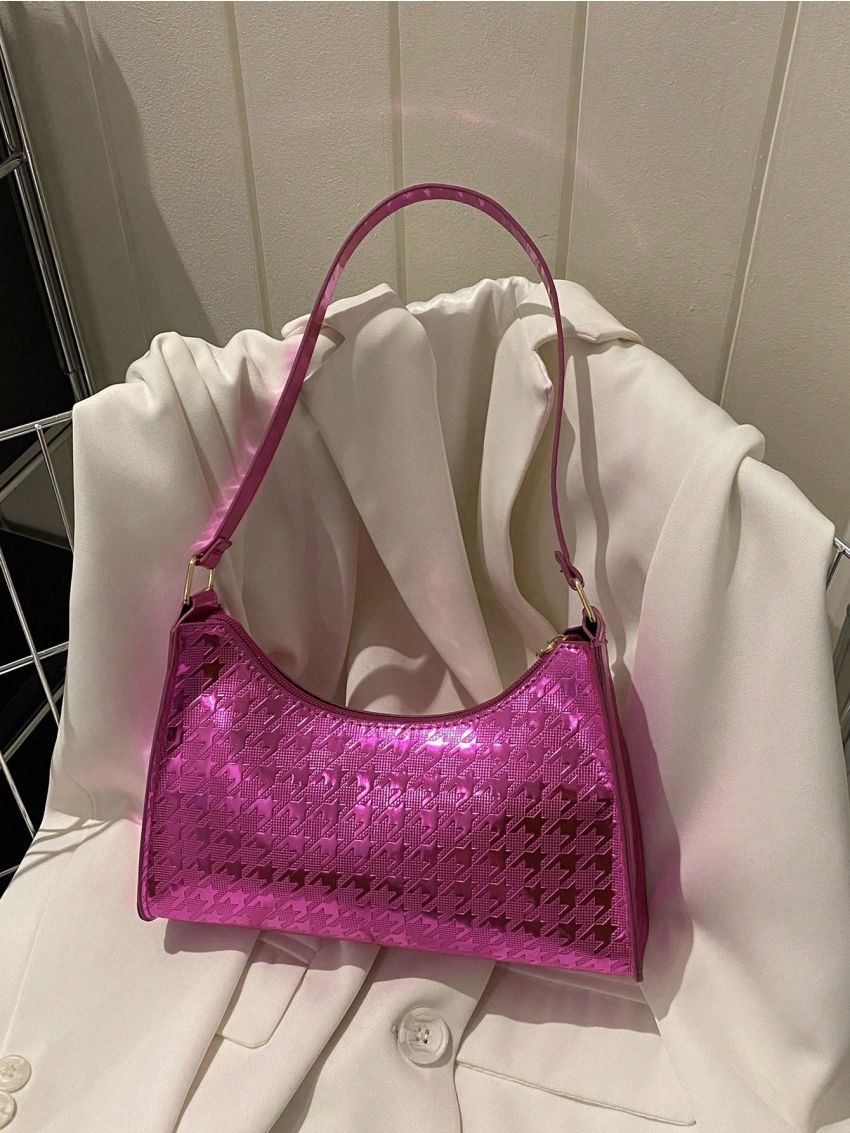 Houndstooth Embossed Baguette Bag Funky Metallic Zipper PU