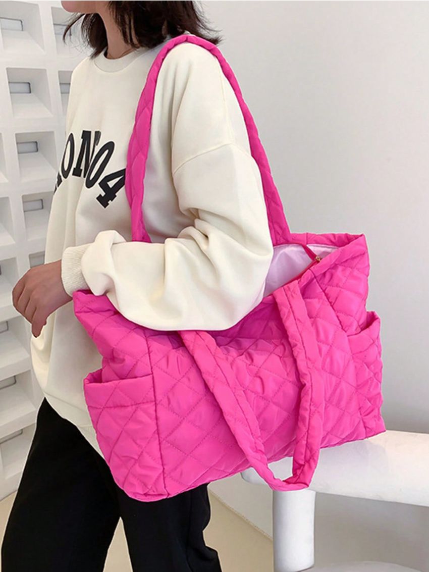 Quilted Shoulder Tote Bag Polyester Black