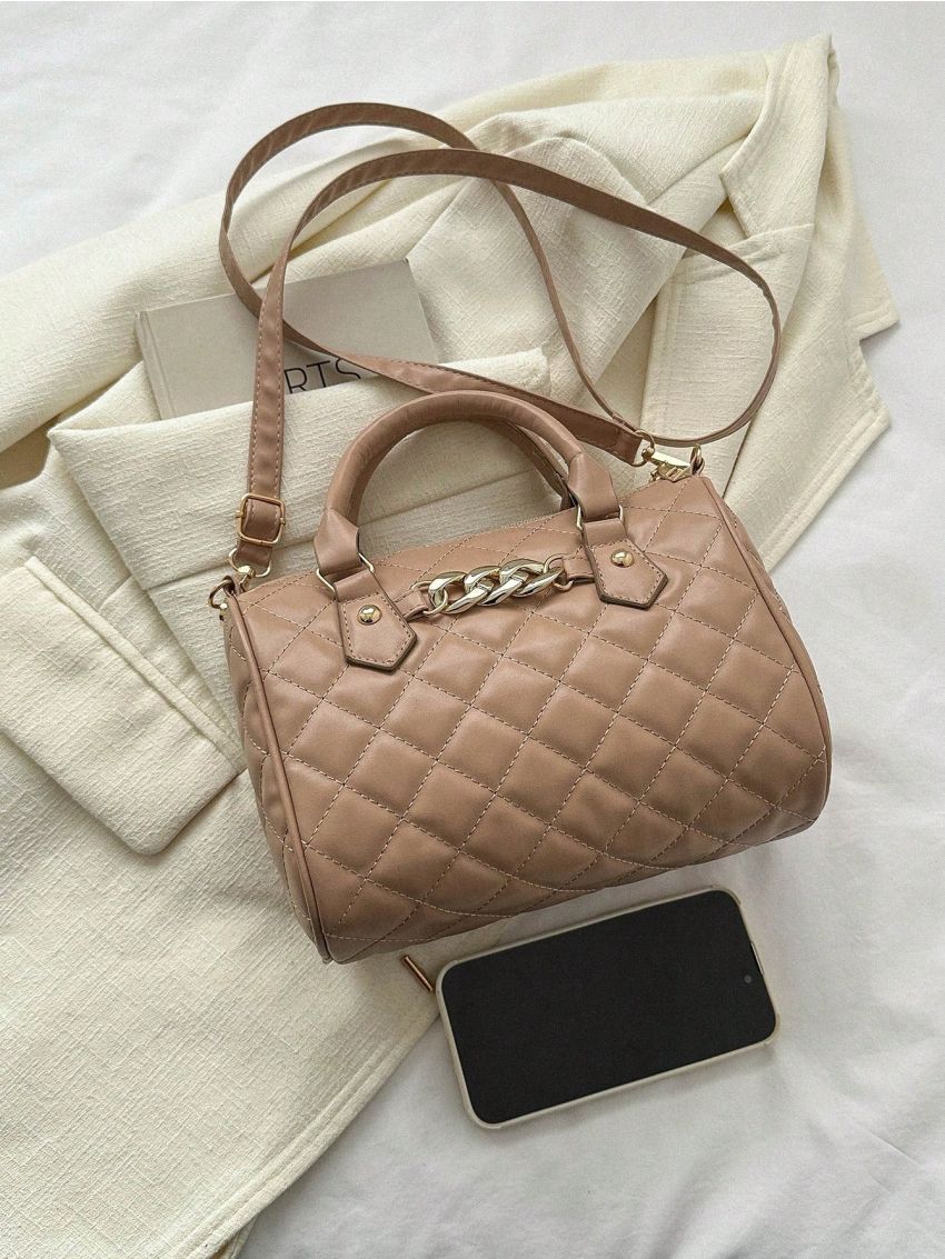 Chain Decor Boston Bag Quilted PU Brown
