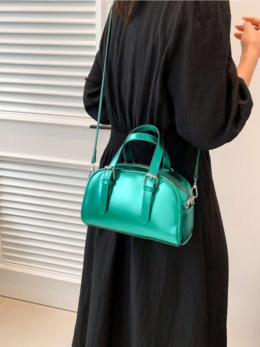 Buckle Decor Square Bag PU Black