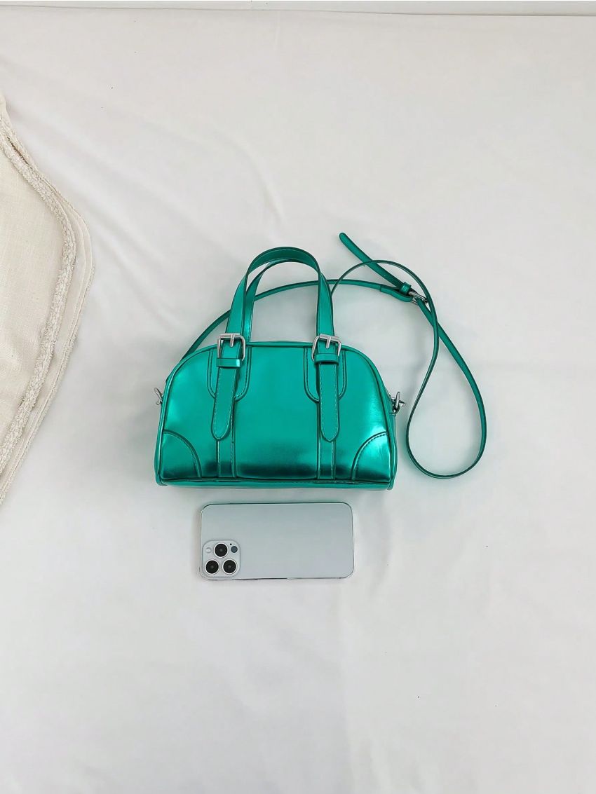 Buckle Decor Square Bag PU Black