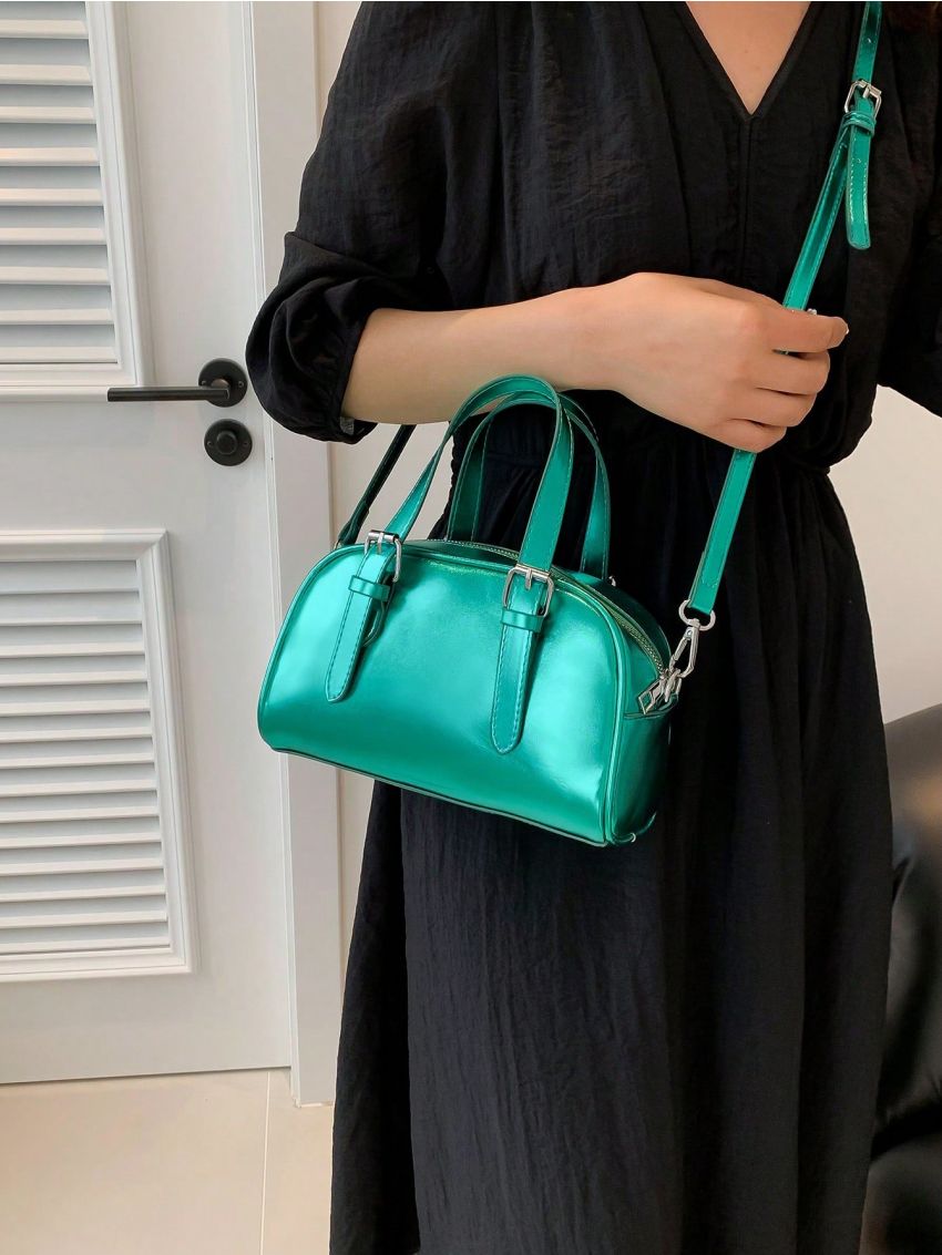 Buckle Decor Square Bag PU Black