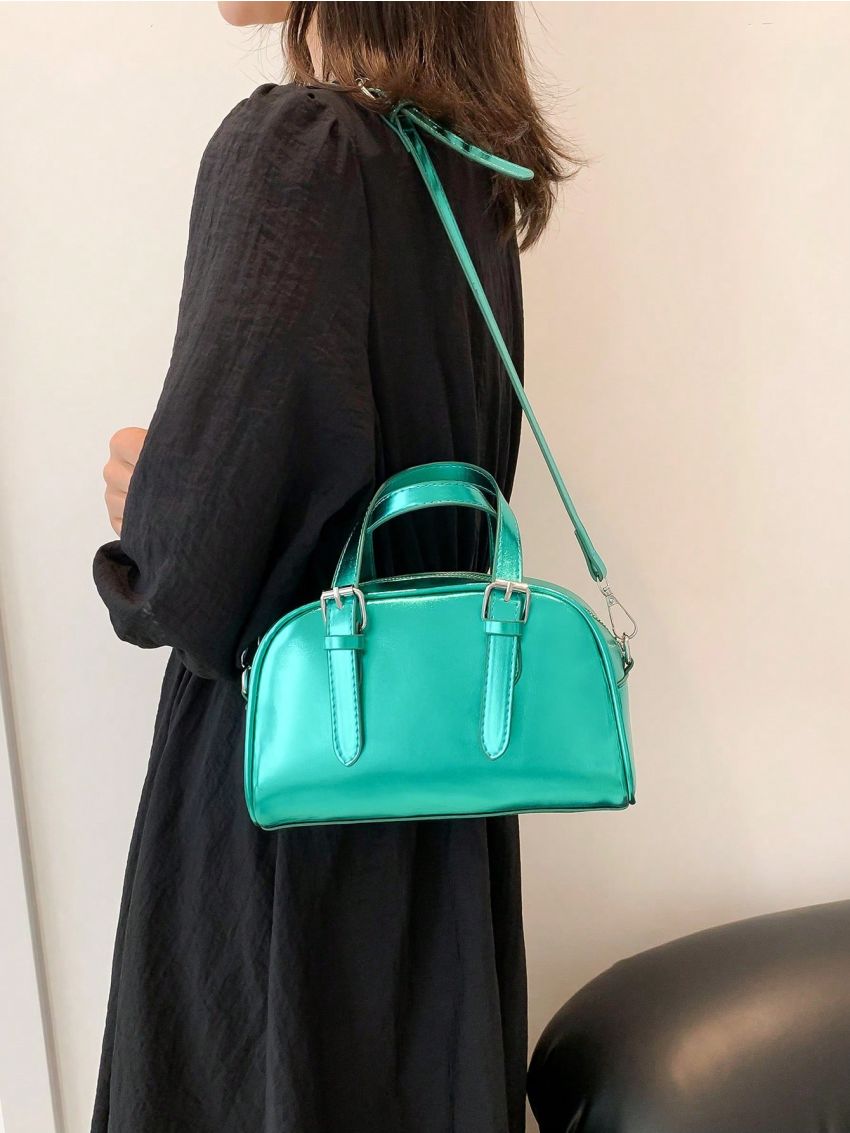 Buckle Decor Square Bag PU Black