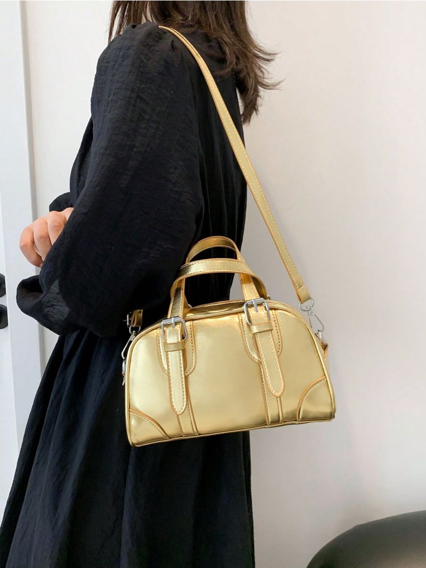 Buckle Decor Square Bag Metallic PU Funky