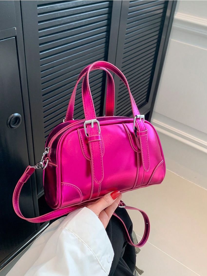 Buckle Decor Square Bag PU Black