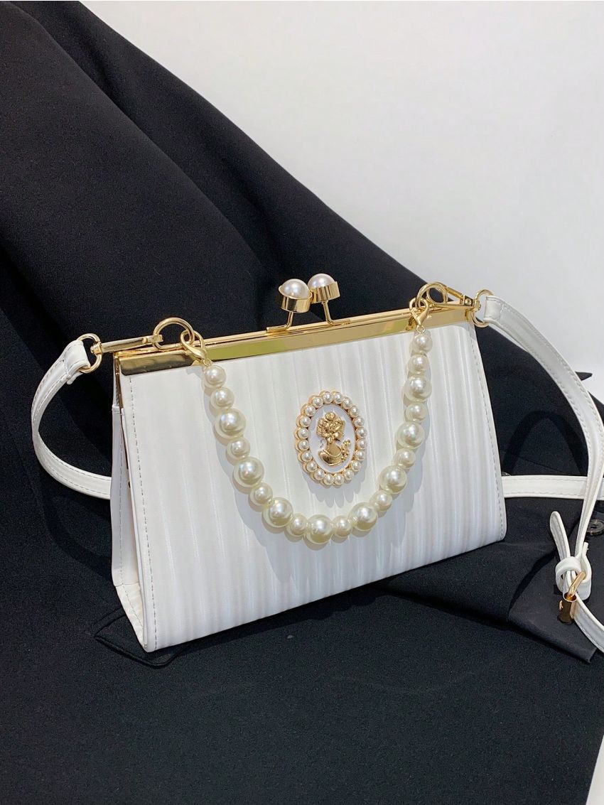 Figure & Faux Pearl Decor Square Bag PU Kiss Lock