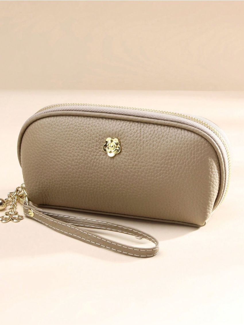 Flower Decor Long Wallet Litchi Embossed Genuine Leather