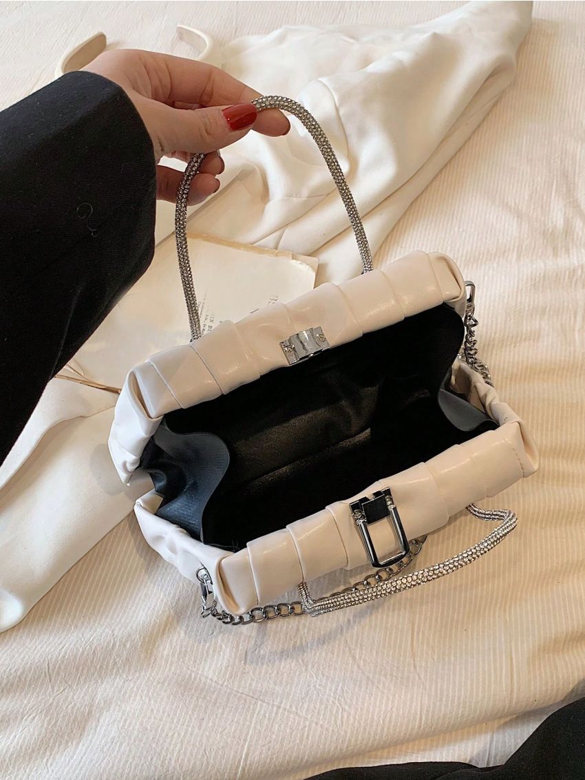 PU Ruched Bag Rhinestone Decor Chain Beige