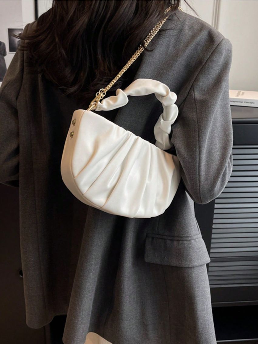 PU Ruched Bag Chain White Studded Decor