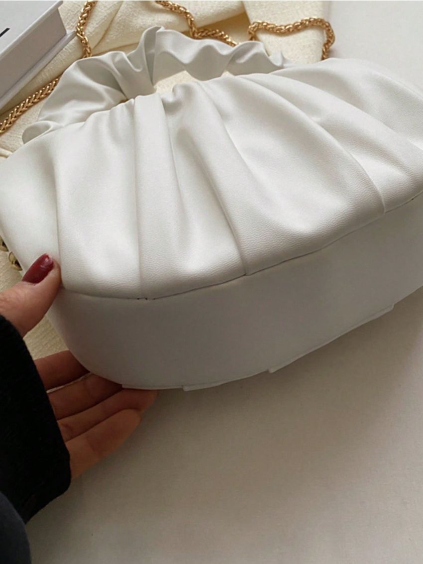 PU Ruched Bag Chain White Studded Decor