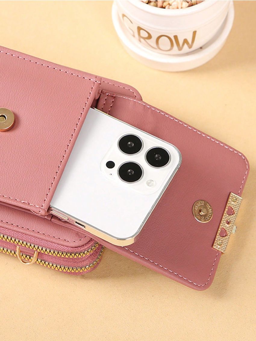 PU Phone Wallet  Floral & Letter Graphic Zipper Dusty Pink