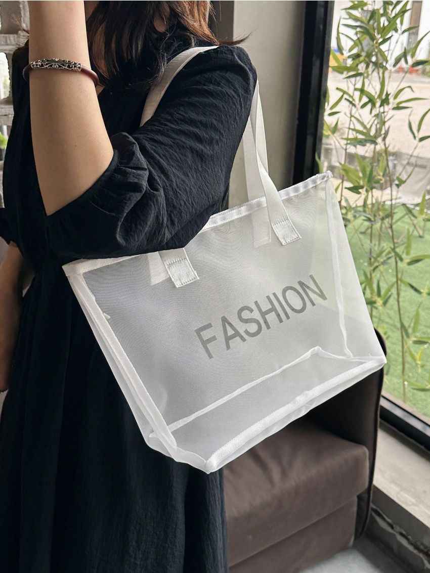 Large Beach Bag Letter Graphic Double Handle Zipper Polyester