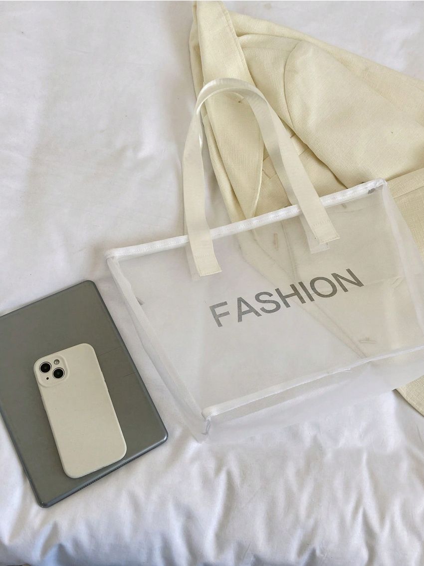 Large Beach Bag Letter Graphic Double Handle Zipper Polyester