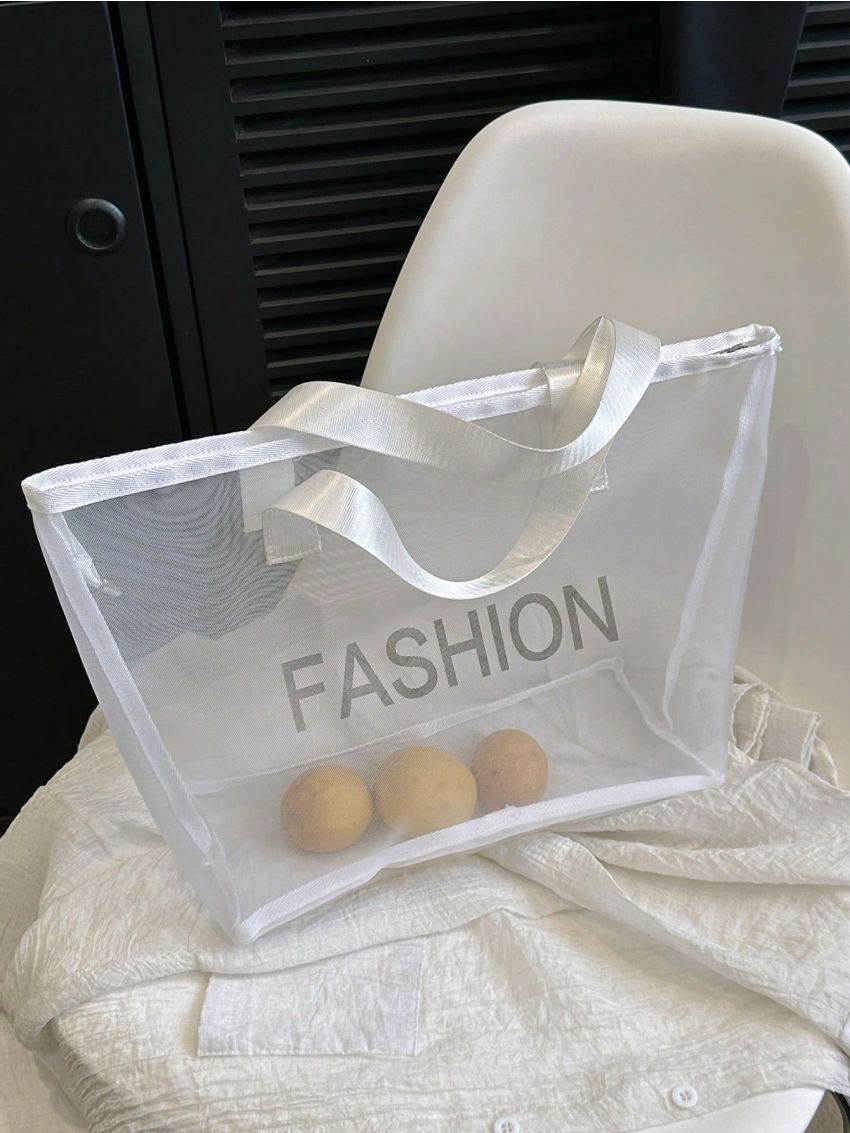 Large Beach Bag Letter Graphic Double Handle Zipper Polyester