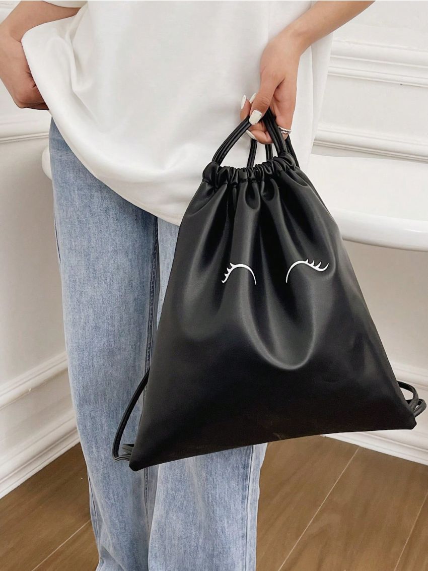 Large Drawstring Backpack Eyelash Pattern PU