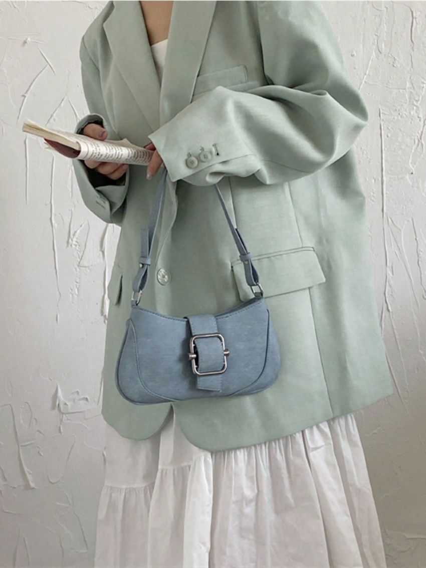 Buckle Decor Baguette Bag Zipper PU