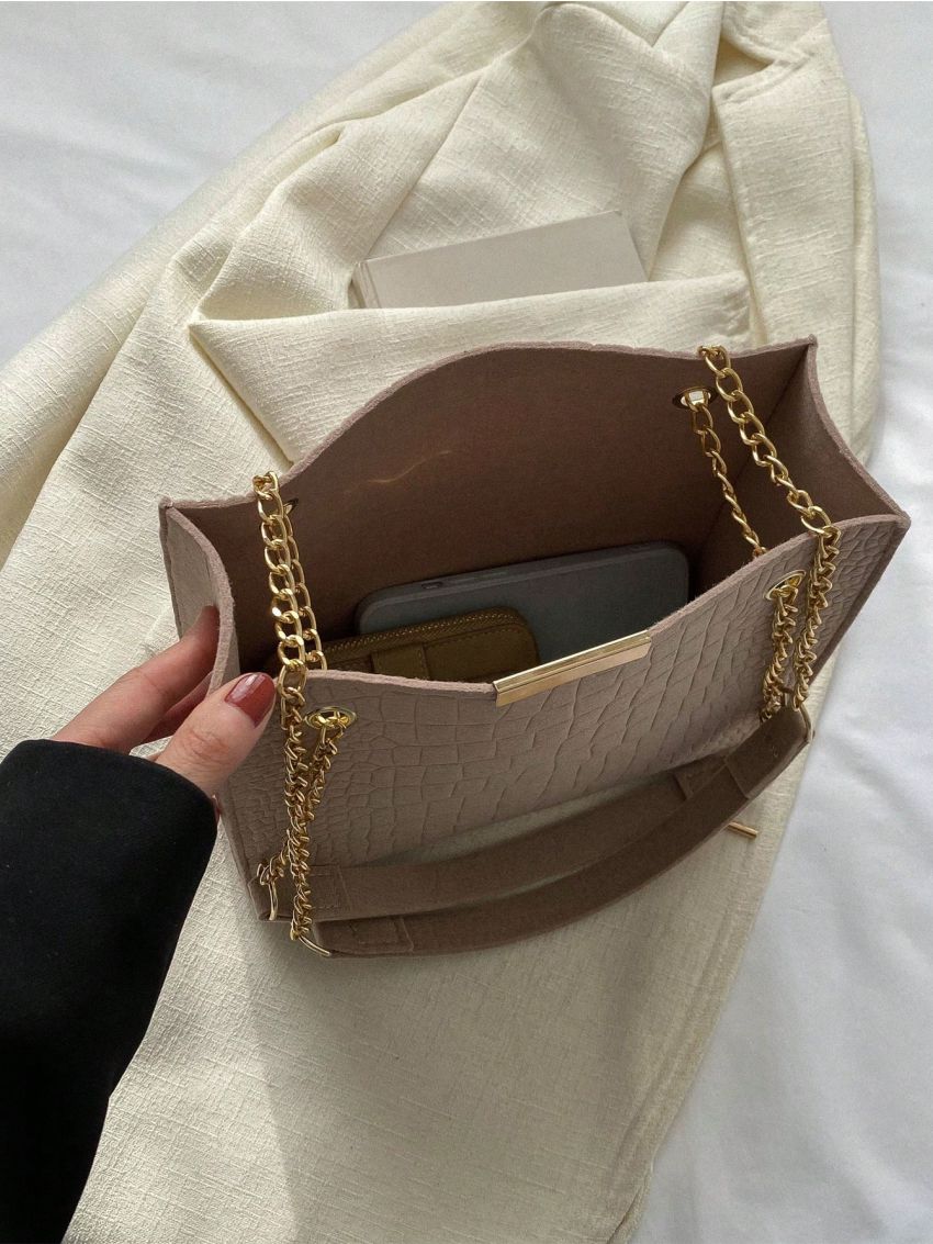 Crocodile Embossed Square Bag Khaki Chain Strap