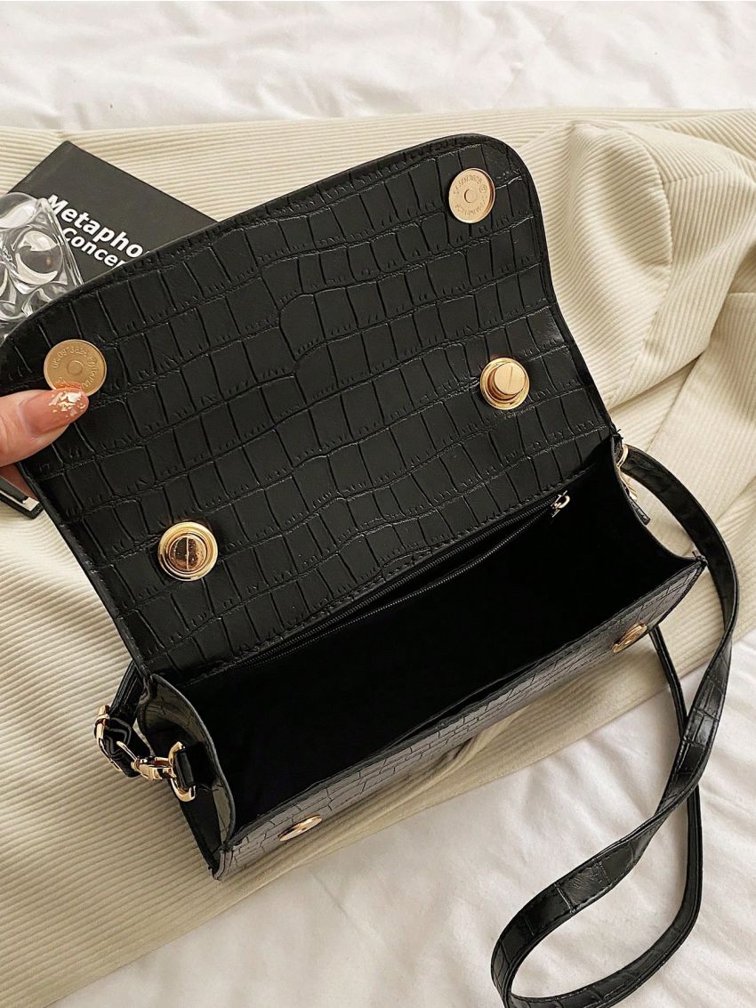 Crocodile Embossed Square Bag Medium Top Handle Elegant