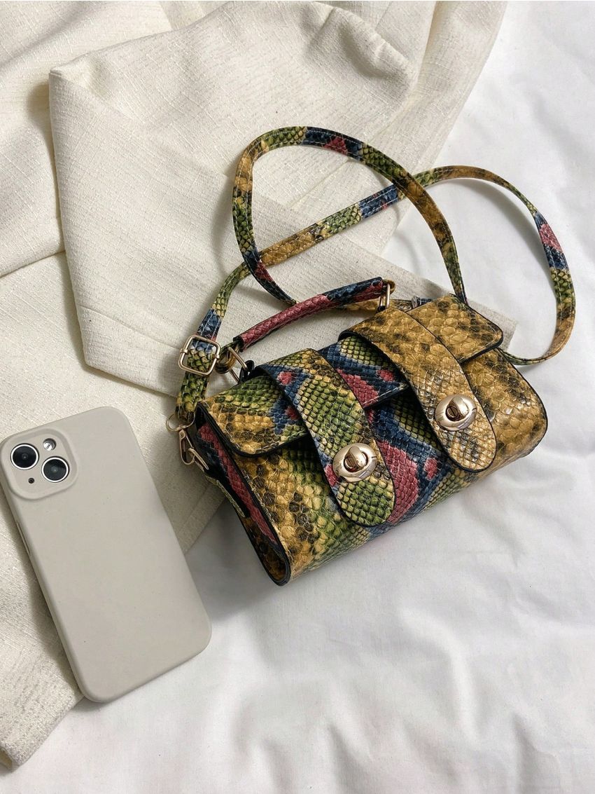 Mini Snakeskin Embossed Square Bag Twist Lock Funky