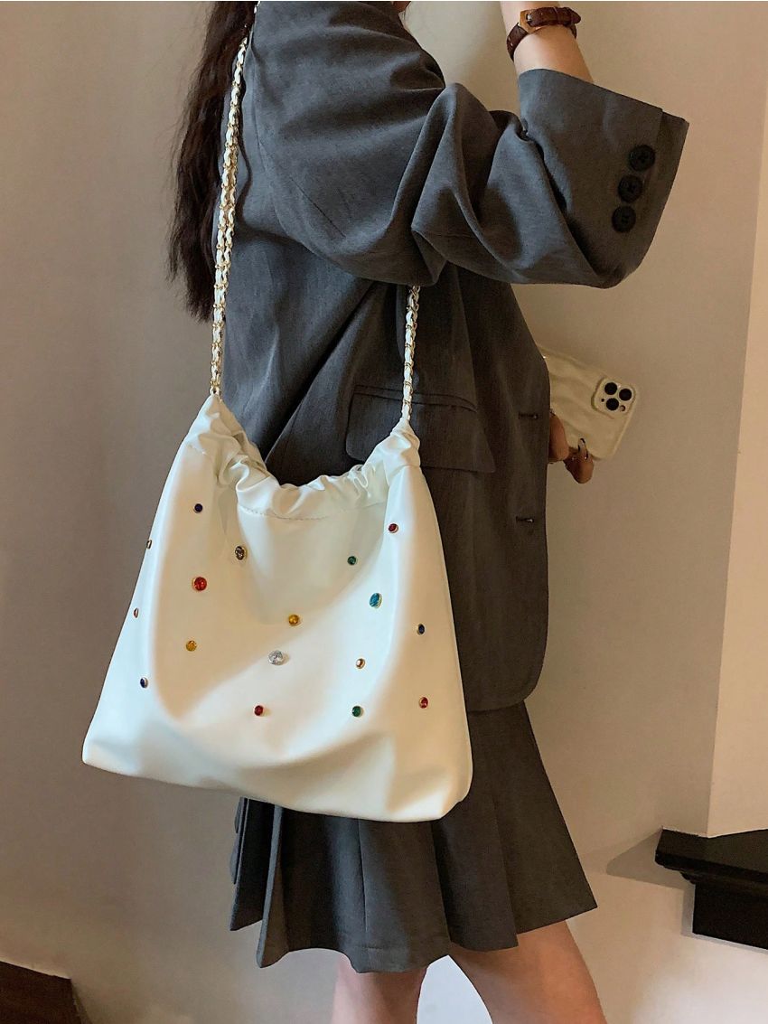 Rhinestone Decor Hobo Bag Chain Strap Large Capacity